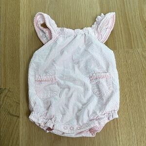 Monica and Andy baby girl pink seersucker stripe romper bubble 9-12 months
